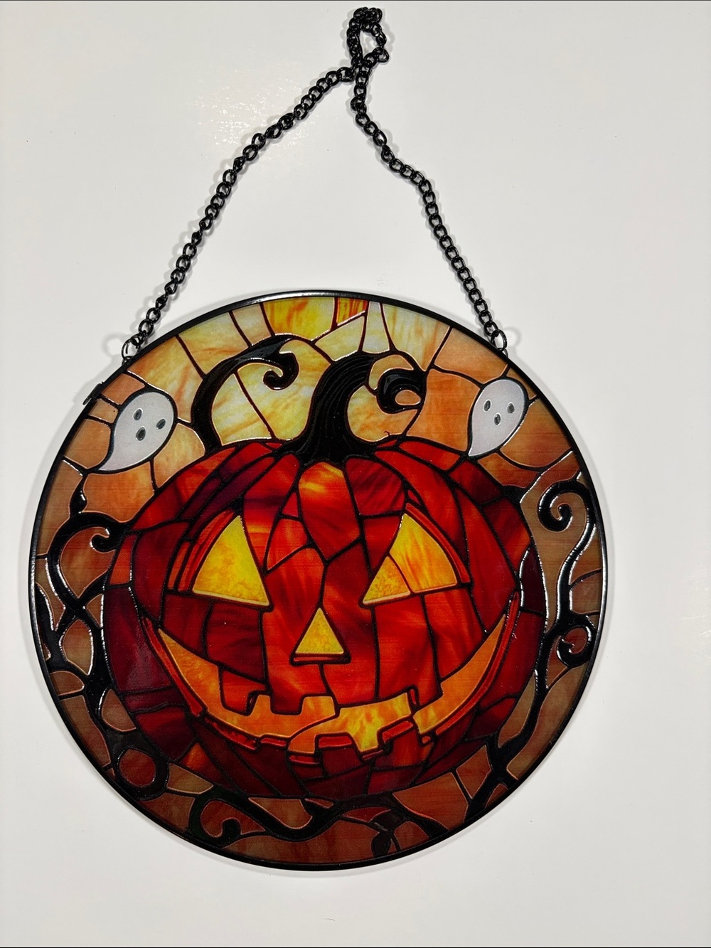 Stained Glass Pumpkin Suncatcher - Red Orange Halloween Hanging Art